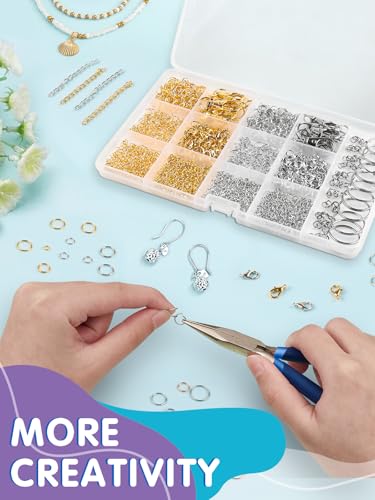 Caianwin 968 Stück Biegeringe Set， Golden und Silber Spaltringe Mit Armband Verschluss，Ketten，Drehbare Karabinerverschlüsse，Schlüsselringe mit kette