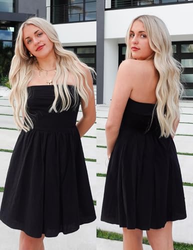 Image of ZESICA Women's Summer Strapless Mini Dress 2026 Casual Off Shoulder A Line Swing Boho Beach Vacation Party Short Dresses