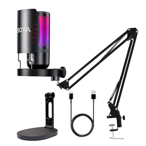 Image of BOYA K3 RGB Gaming Condenser Mic Kit with Boom Arm, Pop Filter, Shock Mount, USB-C Cable – Ideal Podcast Mic Set for Podcasting, Streaming and Gaming (Black)