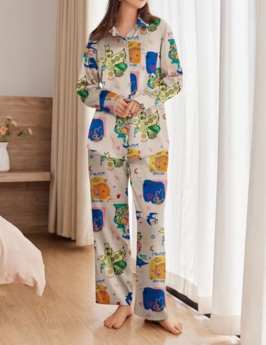 Ekouaer Womens Satin Silky Pajama Set 2 Piece Print PJs Soft Loungewear Button Down Sleepwear with Elastic Waist Long Pants
