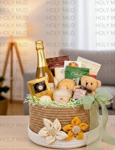 Image of Round Cotton Storage With Lid Gift Basket for Closet Wardrobe Packing, Wedding Organizer, Eco- Friendly Bins Organizer (Beige and White) for Home, Office with Handcrafted Jute Flowers.