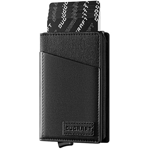 DUGRAFT Card Holder Wallet with ID Window, Mens RFID Blocking Minimalist Slim Pop-Up Wallet Aluminum Metal Credit Card Case, Holds 10 Cards, Black Cover