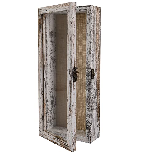 Image of GraduationMall 5x12.5 Wood Shadow Box Frame Glass Door Display Case with Linen Back and 6 Stick Pins,1.5 inches Interior Depth,Ideal for Memorabilia Pictures Flowers Medals Tickets Rustic White
