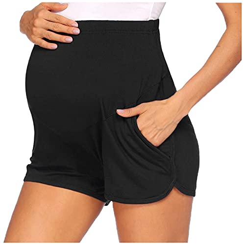 Vuncio Pantalon de grossesse d'été court à rayures - Pantalon de grossesse - Pantalon de jogging court - Grande taille - Élégant - Sport - Yoga - Fitness - Décontracté - Taille haute - Noir - Taille S Cover