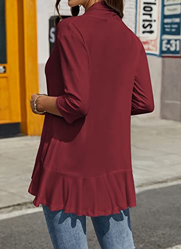 Hocosit Womens Casual Open Front Cardigans Lightweight Drape Ruffles 3/4 Sleeve Cardigan S-Xxl Wine Red Large #TOP2