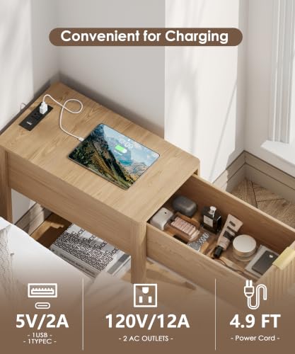 Image of Akxomel Narrow Nightstand with Charging Station Fluted Table Walnut