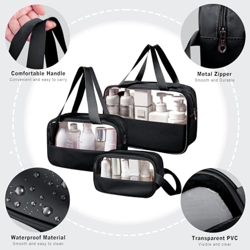 Image of KBS Toiletry Kit Cosmetic Makeup Storage Organizer Clear Styilish Wash Bag Pouch Set of 3 for Travel Luggage Transparent with Metal Zipper Gift for Men Women Girls (Black)