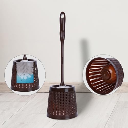Image of Toilet Brush Wall Mount, Long Handle, Flexible Brush Head, Brush Holder Set, Bathroom Accessories Ventilation Slots Base, Household Essentials 2 Pack Brown