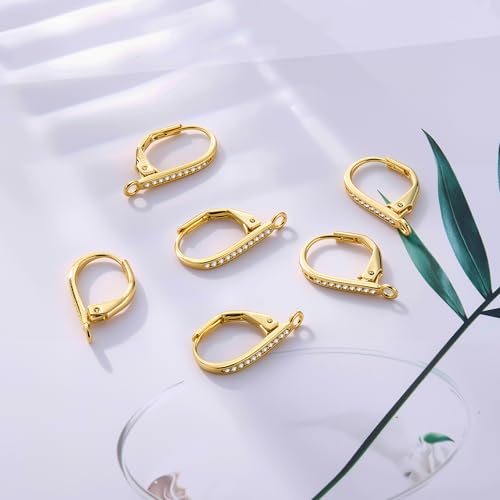 6Pcs Gold Leverback Earring Hooks, Hypoallergenic 14K Goldplated Dangle Ear Hooks French Hoop with Zirconia, 925 Sterling Silver Findings Earring Leverback Hook Making Replacement Supplies Set4
