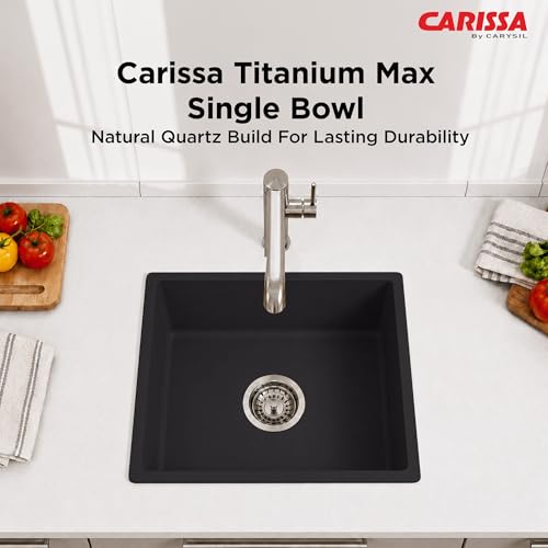 Image of Carissa By Carysil Titanium Max Quartz Kitchen Sink 21 x 18 x 8 inches, Single Bowl Granite Sink with 80% Quartz & 20% Resin, Heat Resistant 300C, 50kg Load Bearing, Stain Resistant - Z-Black