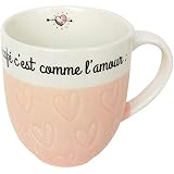 Les Vilaines Filles 39-VF-005 Mug Coeur Le café C'est comme l'amour C'est au lit Rose et Blanc Céramique D12 x H10 cm