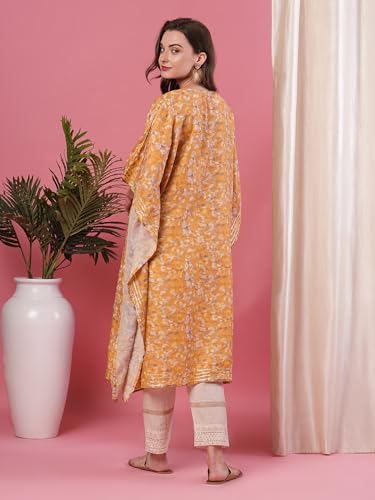 Image of Globus Yellow Round Neck Allover Printed Kaftan Kurta