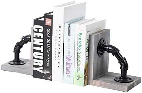 Rustic Decorative Wooden Tabletop Farmhouse Bookends for Heavy Books with Modern Industrial-Style Pipe Office Desktop Bookshelf Organizers Holder Nonskid Shelf Decor for Home Office 1-Pair (Grey)