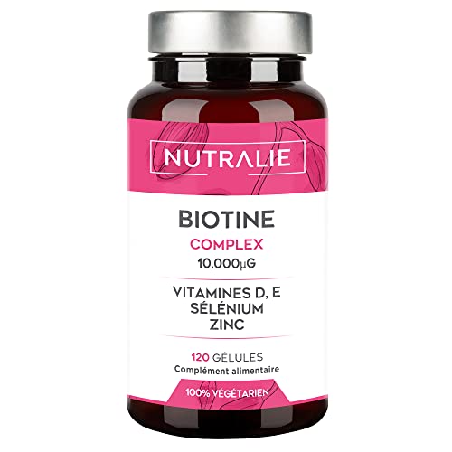 BIOTINE 10 000 mcg - GAGNANT 2022 - Accélère Pousse Cheveux, Ongles et Peau - Vitamines D et E, Zinc et Sélénium | 120 Gélules Nutralie Cover