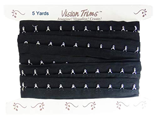 5 Yards Pair Hook and Eye Trim- 0.75 SPACING- Silver Metal On Black Cotton Tape Ribbon Edging Cordage for Corset Sewing Quilting Renaissance Dance Bridal Costumes Drapery Home décor- #45-BK-75-5Y