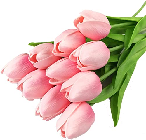 HoYuanFlo Artificial Tulips Single Stem PU Touched 10 Pcs Arrangement Bouquet with Glorious Moral for Home Office Wedding Parties (Pink)