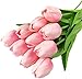 Homyu Artificial Tulips Single Stem PU Touched 10 Pcs Arrangement Bouquet with Glorious Moral for Home Office Wedding Parties (Pink)
