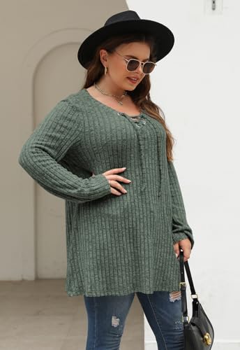 Image of Nemidor Women Plus Size Casual Tunic Top Drawstring V Neck Long Sleeve | 1X-5X plus, ribbed knit, long sweater, solid, semi-fitted flattering cut for curvy women, Fall, Winter, work, daily, dinner