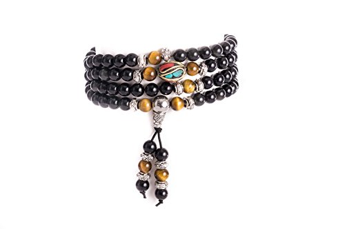 Image of Mala Beads Stretch Bracelet Black Obsidian & Tiger Stone, Buddhist Prayer Beads, Yoga Bracelets, Wear for Daily Meditation & Spiritual Growth, 6mm Meditation Beads, Unisex