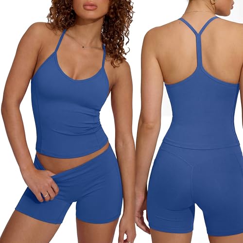SUUKSESS Women Sexy Racerback 2 Piece Workout Sets V Neck Y Back Padded Sports Bra High Waisted Shorts with Pockets(Royal Blue,S)
