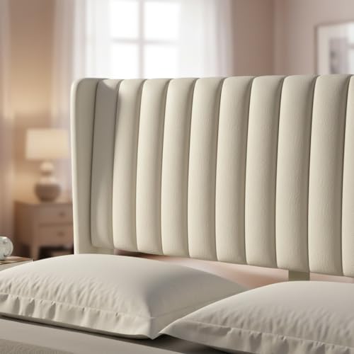 Image of APRODZ King Size Bed | Upholstered Bed Frame with Channel Tufted Headboard | Bed King Size Wooden Legs | Double Bed King Size Without Storage | Bedroom Furniture | Beige Fabric & Black Wooden Legs