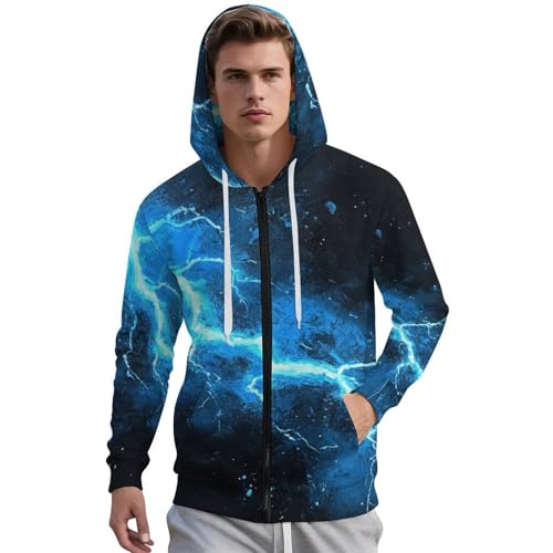 Blue Glowing Lightning-bolt Men's Hoodies with Zipper Lightweight Long Sleeve Casual Sweatshirts2