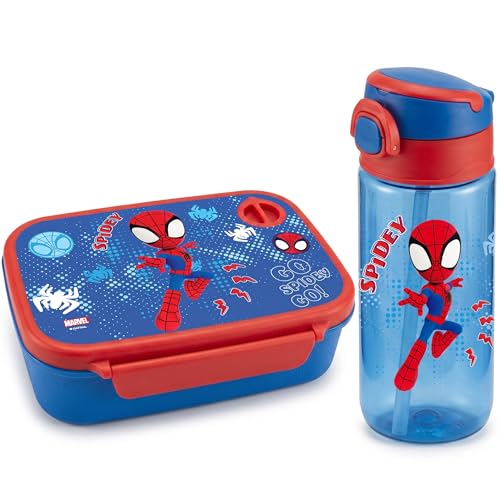 Diakakis Marvel Spidey Kids Lunch Box & Water Bottle Set BPA Free School Lunch Set for Boys & Girls 800ml Sandwich Box & 500ml Drinks Bottle for School Travel & Days Out