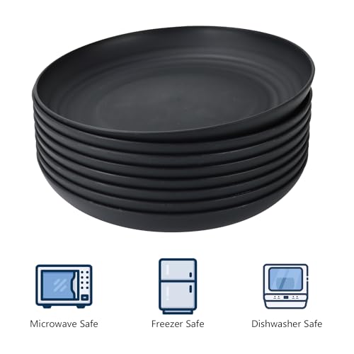 Image of Homienly Dinner Plates Set of 8 Alternative for Plastic Plates Microwave and Dishwasher Safe Wheat Straw Plates for Kitchen Unbreakable Plate Set (Black, 10 inch)