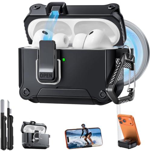 Image of Dual Safety Lock for AirPods Pro 3 Case 2025, Compatible with MagSafe - Designed with Automatic Switch and Phone Stand, Includes a Cleaner & Keychain - Rugged Tough Hard Shell, Black