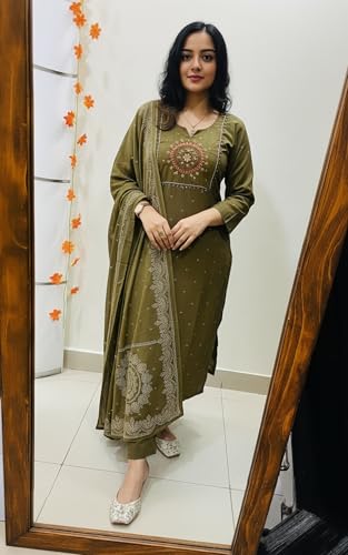 Image of ANNI DESIGNER Viscose Kurta for Women | Kurti Set Woman | Kurta with Pant & Dupatta | Straight Embroidered Suit | Ethnic Indian Outfit Office Party Traditional Clothing Fashion Style Premium Wear Look