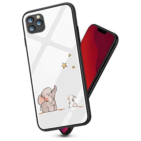 Caler Case Cover Compatible for 2019 iPhone 11, Tempered Glass Slim Transparent Back Silicone Rubber Gel Frame, Cute Cartton Design Shockproof Shell Bumper for iPhone 2019 6.1inch(Elephant+RABIT) Cover
