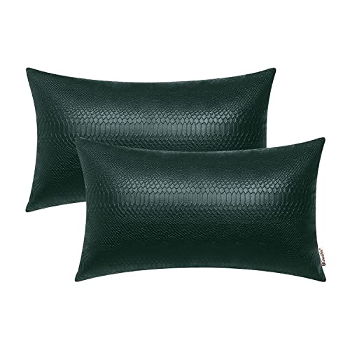BRAWARM Dark Green Faux Leather Pillow Covers 12x20, Embossed Snake, 2PC