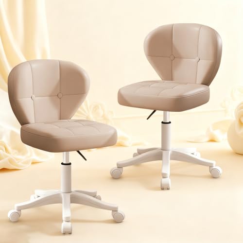 Image of Small Office Chair with Lumbar Support, PU Leather Armless Swivel Desk Chair Adjustable Height, Compact Rolling Chair for Home Office, Bedroom, Study Khaki Set of 2