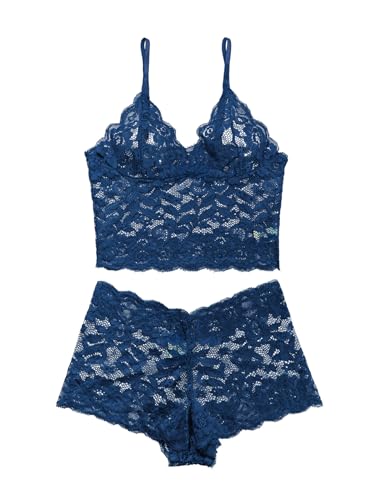 Image of Lilosy Sexy Sheer Floral Lace Pajamas Lingerie Set High Waist Sleepwear Bra and Panty 2 Piece Nightwear