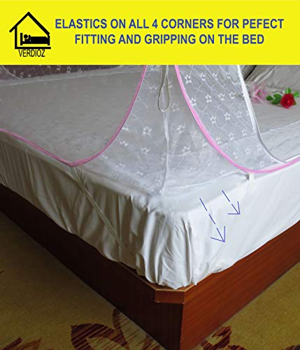 Image of VERDIOZ WITH DEVICE White Embroidery Mosquito Net for Single Bed Size Machardani Foldable, for Adult | Kids | Baby, Corrosion Free Wire with Saviour Kit (Single Bed Size, 120X200X145 cm, Pink)