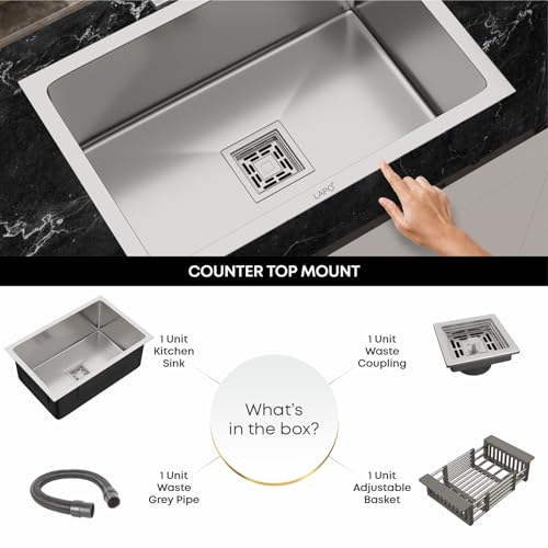 Image of LAPO Kitchen Sink Built Using Stainless Steel | 30x18x9 Inch Single Bowl Layout | UV Stable Surface with Built-In Tap Opening | Drain Assembly with Pipe & Strainer | 20 Years Warranty (Silver Matt)