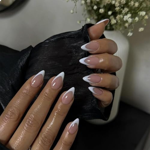 BelleVive 24 uñas blancas de manicura francesa, uñas cortas acrílicas de almendras naturales, color rosa desnudo, tamaño mediano, uñas postizas clásicas cortas de gel, uñas francesas