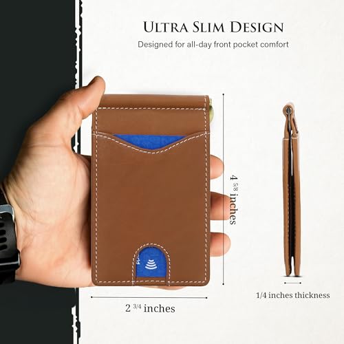 Image of ROGUE WALLET Genuine Leather Minimalist Wallets - RFID Blocking with Money Clip - Interior & Exterior Card Pockets & More - Gift for Men (Tan)
