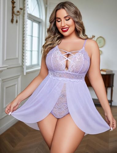 Image of Avidlove Plus Size Babydoll Womens Snap Crotch Lingerie V Neck Lace Nighty Sleepwear L-5XL