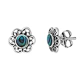 81stgeneration Sterling Silver Abalone Filigree Flower Stud Earrings for Women – Ornate Vintage-Style Floral Studs in 925 Silver - Boho Colourful Gemstone Jewellery - Small Paua Shell Earrings