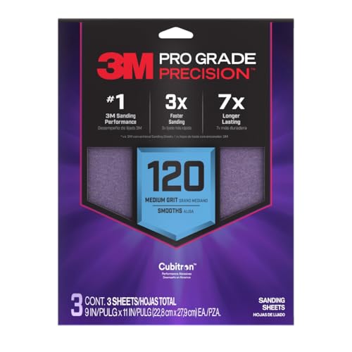 3M SHR120-PGP-3T Pro Grade Precision Faster Sanding Sanding Sheets 120-Grit Medium 9 x 11 3-Pack