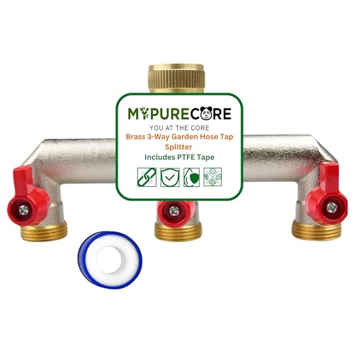MYPURECORE Brass 3-Way Garden Hose Tap Splitter with PTFE Tape – Durable 3/4 Outdoor Tap Connector with Individual Valves | Brass Hose Connector for Garden Irrigation, Hosepipe Fittings & Adapters