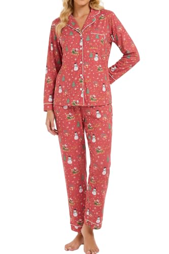 Image of LUBOT Christmas Pajamas for Women 100% Cotton Pajama 2 Piece PJ Set Soft Long Sleeve Button Xmas Print Loungewear XS-XXL