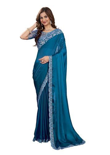TRENDMALLS Sari en soie pour femme avec broderie en dentelle et sequins, avec chemisier intégré, 5.5 Mtr