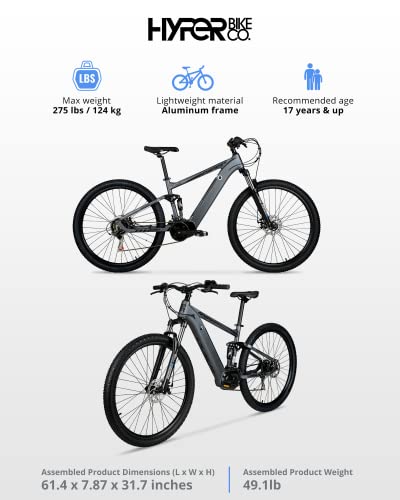 Hyper E-Ride Electric Mountain Bike For Adults 29 Inch. 250W, 36V Battery, Mountain Ebike With Shimano 7-Speed Grip Shifter. Dual Suspension. Rear Air Shock Electric Bicycle For Adults. Matte Grey #TOP6