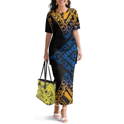 Image of Puletasi Samoan Traditional 2 Piece Outfits for Women Short Sleeve Crop Top and Maxi Skirt Sets Puletasi Dress