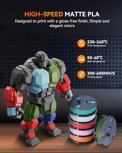 Image of TECBEARS High Speed PLA 3D Printer Filament Bundle, Matte PLA Filament 1.75mm for High Speed 50-600mm /s, 8 Pack,250g Spool, Black+White+Blue+Orange+Pink+Red+Green+Olive Green