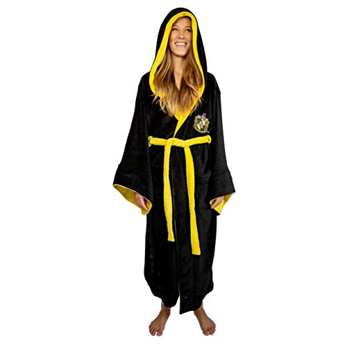 HARRY POTTER Hufflepuff Hooded Bathrobe for Men/Women | Soft Plush Spa Robe for Adults | Lightweight Fleece Shower Robe With Belted Tie | One Size Fits Most Adults