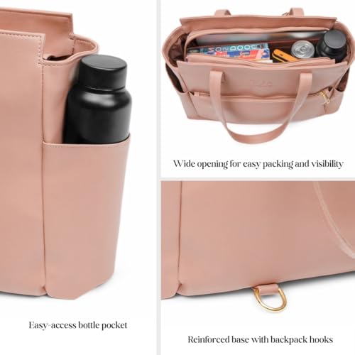 Image of Convertible Tote Bag & Backpack for Women | Faux Leather, 15.6 inch Laptop Compartment | Office, Travel & Everyday Carry | Large, 37cm | Pink