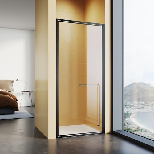 SUNXURY Puerta de ducha en color negro, 90 cm, mampara de ducha de cristal templado de 6 mm, altura de 195 cm, montaje a derecha e izquierda, mejor puerta de ducha para baño pequeño, ahorra espacio